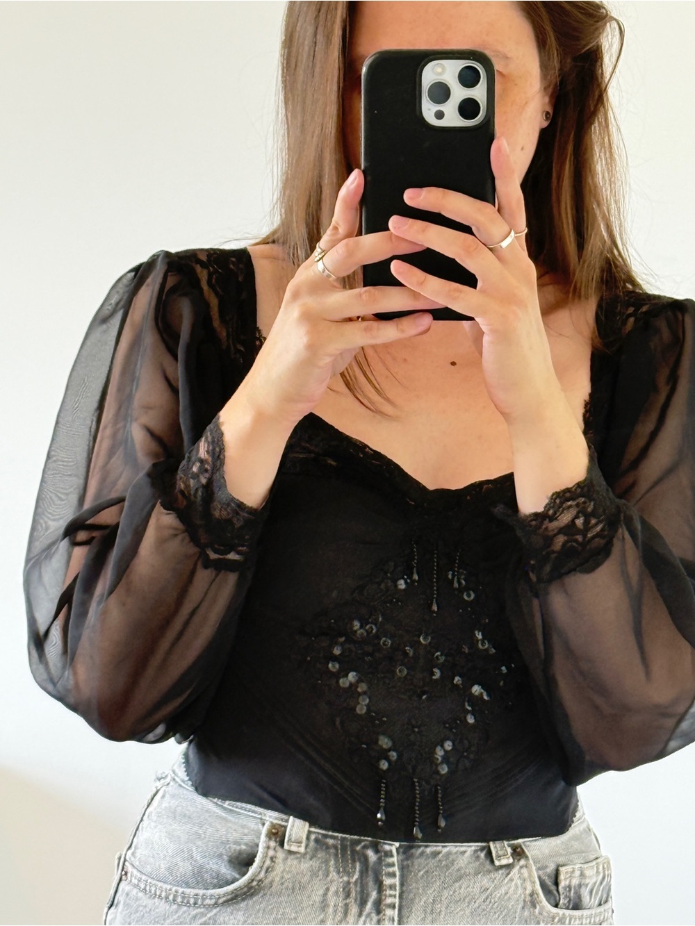 Vintage Corset Long Sleeve Top Beaded Embroidered Whimsigoth Dark Romantic Vamp - Picture 1 of 13